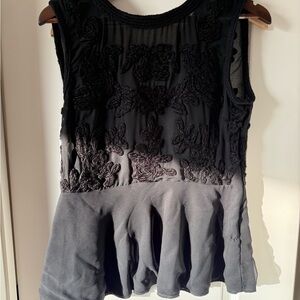 Zara Black Silk Sleeveless Floral Embroidered Lace Blouse